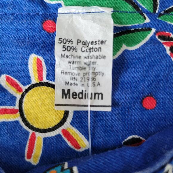 Vintage 80s/90s Blue Sundress Palm Tree Sun Fish Tropical Pattern Ring Straps M - Picture 6 of 10